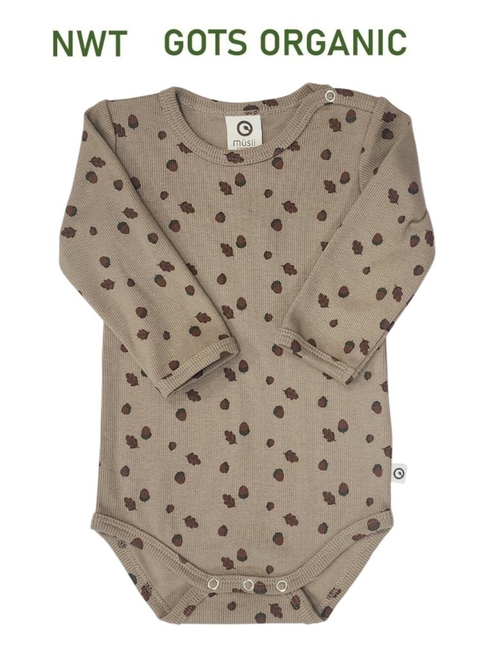 Musli Organic Cotton ACORN Fall Theme Baby Long Sleeve Onesie size 3-6M Safe